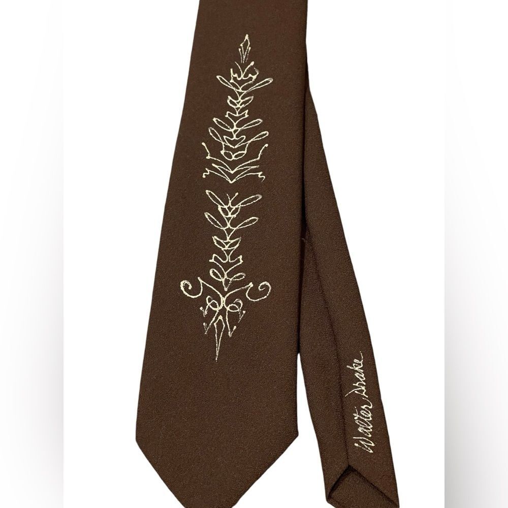 Vintage 1960s Walter Drake Handpainted Skinny Necktie Brown w/ White Swirl Motif